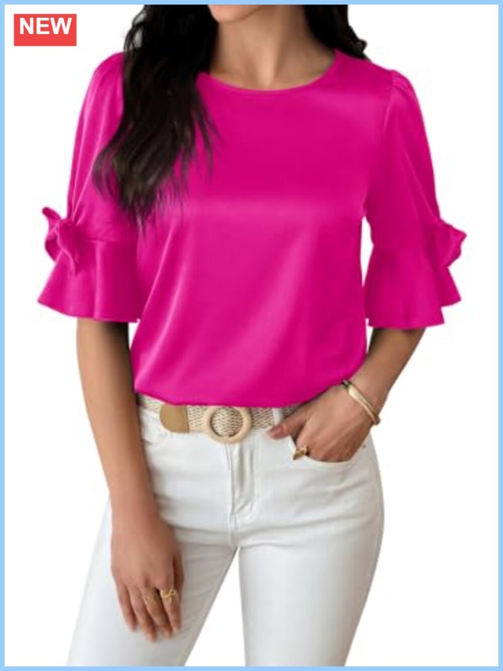 Women's Silk Satin Blouse Ruffle Half Sleeve Bow Office Tunic Top